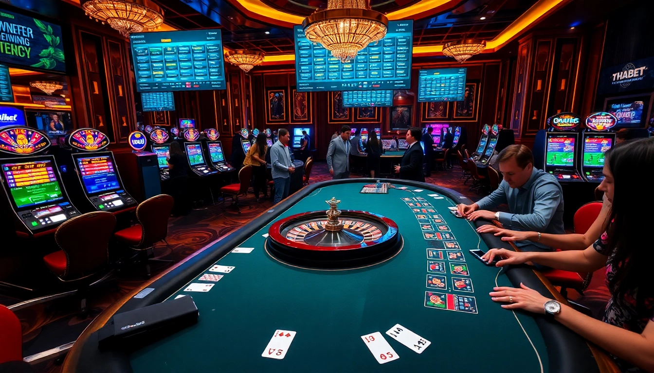 Engaged gamblers place bets at a thabet casino, featuring vibrant slot machines and a roulette wheel.
