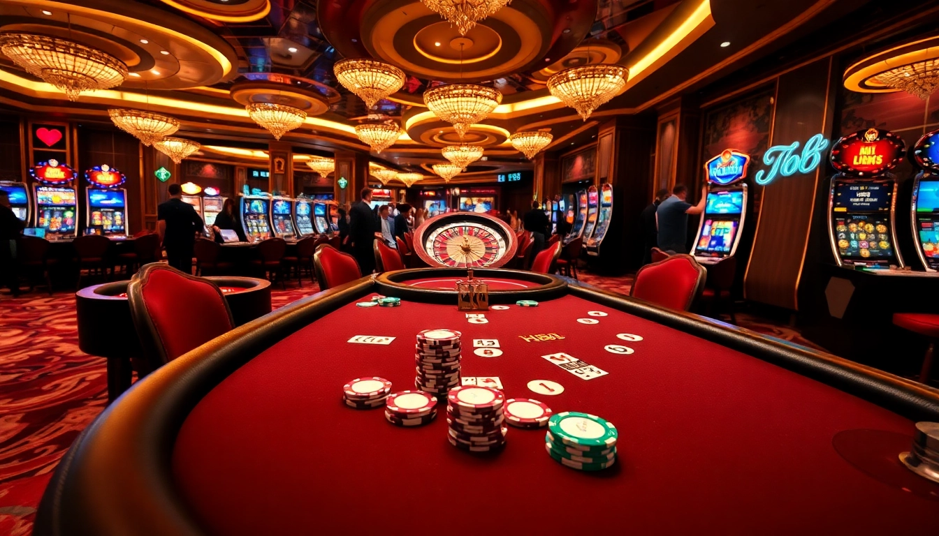 Experience the thrill of HB88 at a vibrant casino with poker tables and roulette wheels.