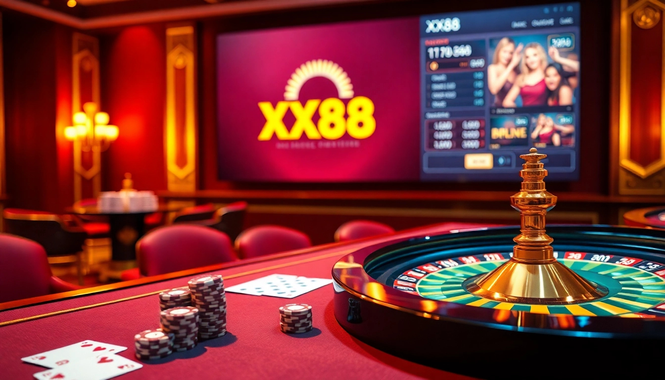 Gamble at XX88 with a luxurious casino table featuring roulette, cards, and chips.