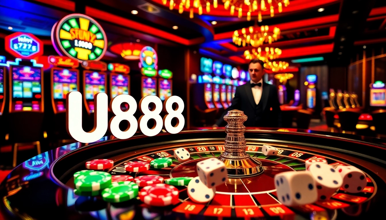 Exciting U888 casino scene with vibrant poker chips, roulette table, and slot machines.