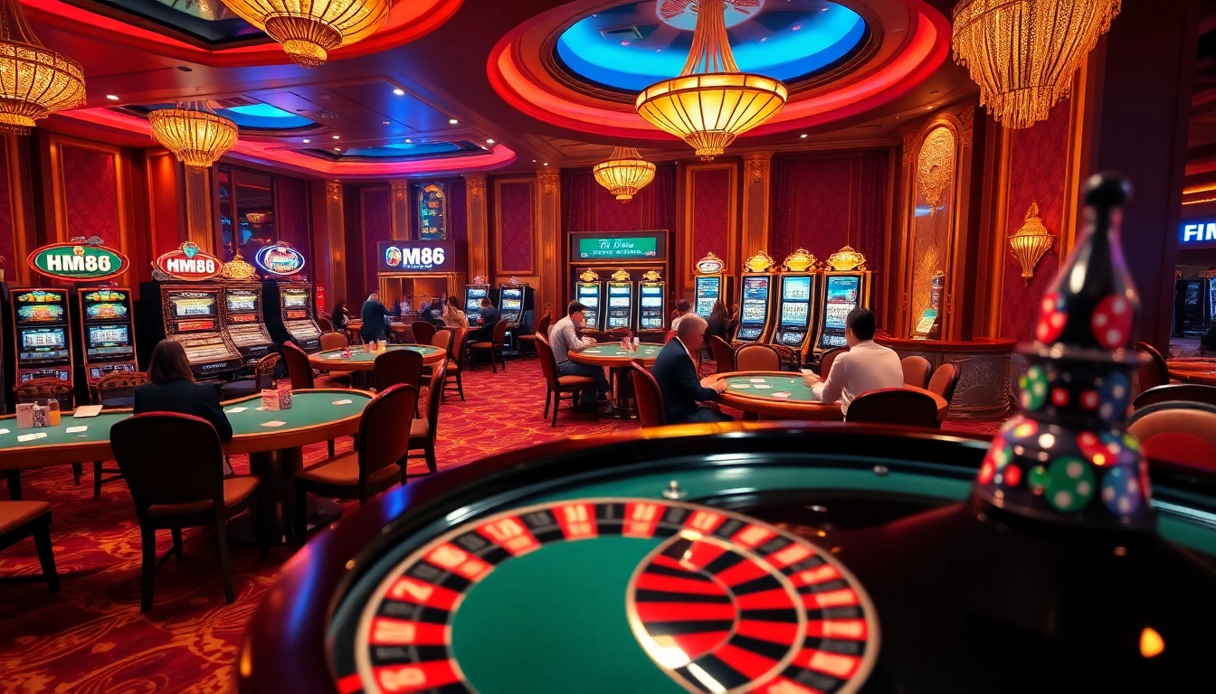 Experience the excitement of HM88 in a luxurious casino with vibrant tables and engaging games.