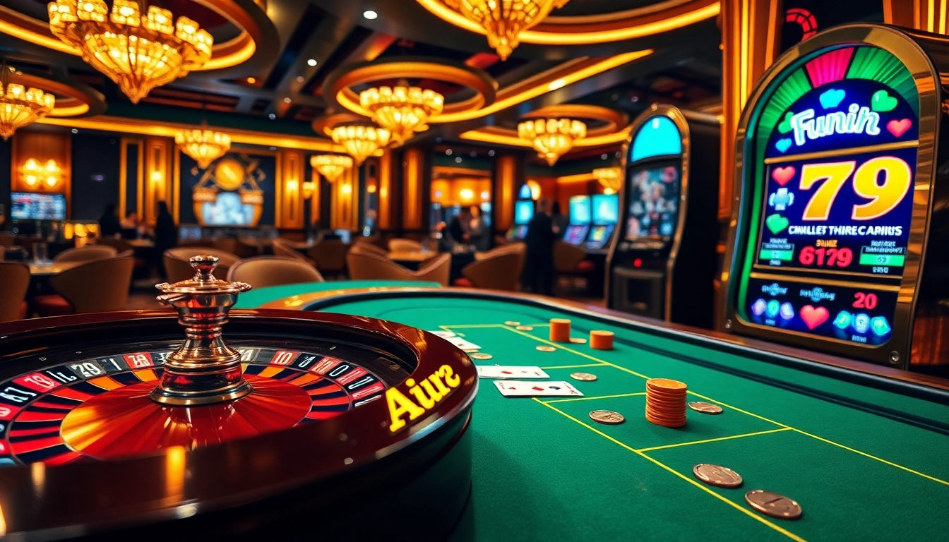 Experience the excitement at fun79 with luxurious casino elements like roulette and vibrant slot machines.