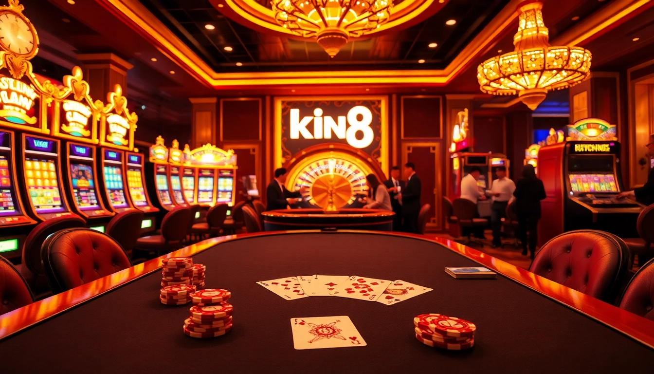 Players enjoying the exciting atmosphere of king 88 at a luxurious casino, showcasing poker and slot games.