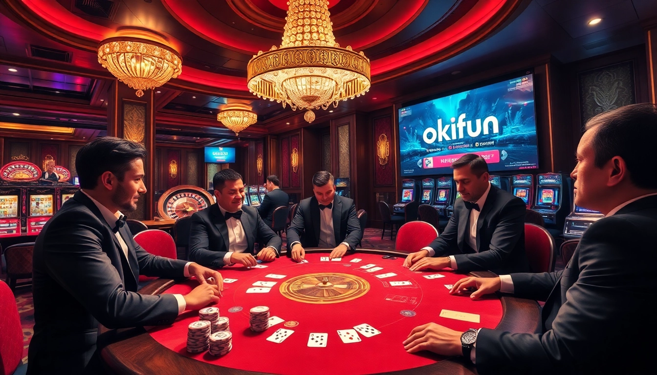 Experience the thrilling atmosphere of Okfun's casino with players engaged at poker tables, showcasing excitement in gambling.