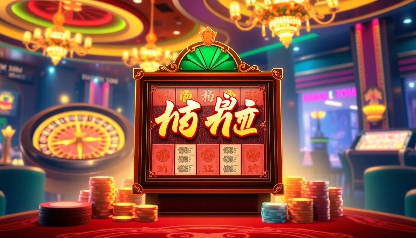 Experience the thrill of nổ hũ with vibrant slot machines in a luxurious casino setting.
