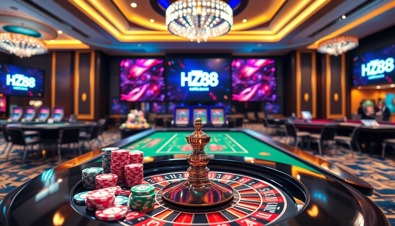 Experience the thrill of betting at HZ88's luxurious casino tables filled with vibrant cards and chips.