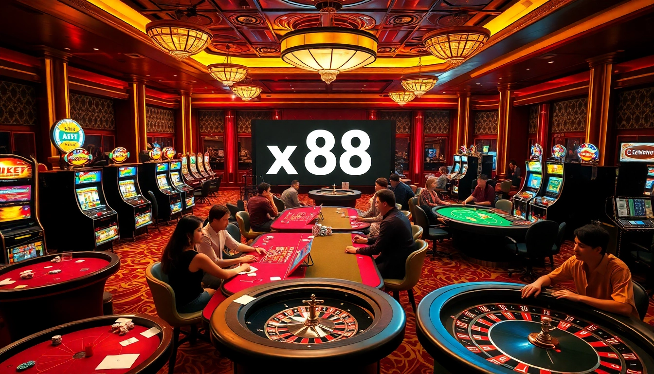 Gamblers enjoying the thrill of casino games at x 88, featuring vibrant tables and classic roulette wheels.