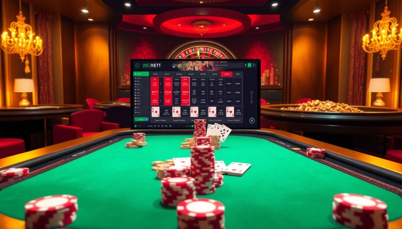Engage in thrilling online poker action with https://debet.jp.net/, featuring vibrant chips and cards on a sophisticated table.