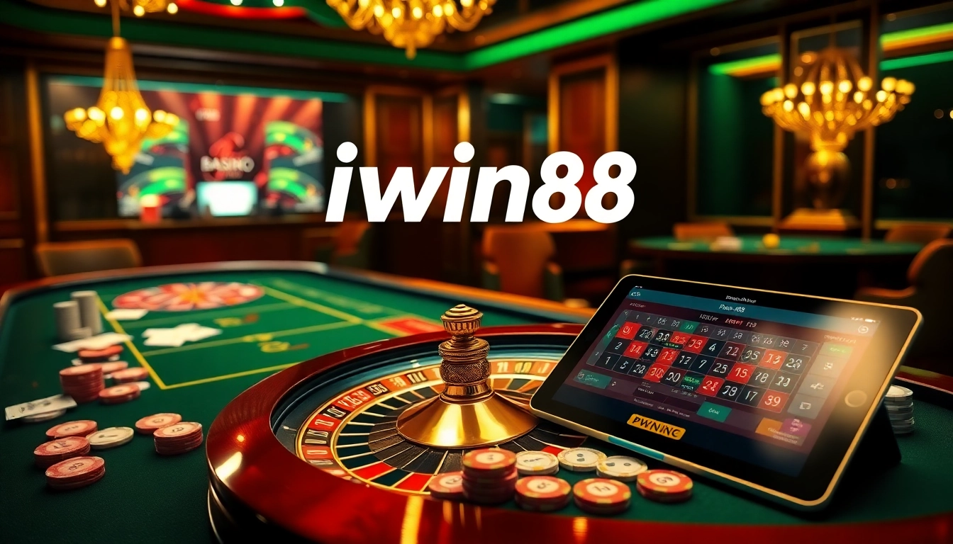 Iwin68 offers exciting casino gaming with roulette, poker cards, and vibrant chips.