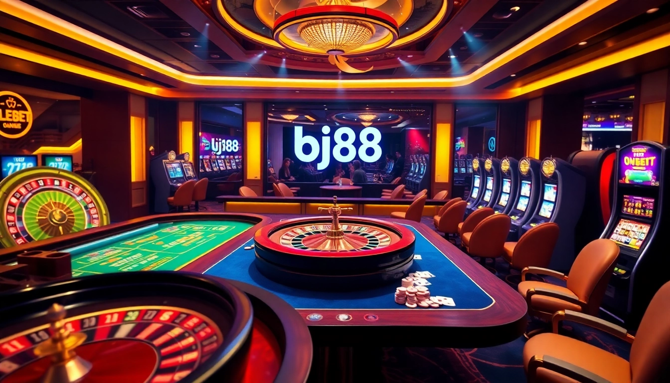 Experience thrilling online gambling at bj88, featuring exciting casino tables and vibrant slot machines.