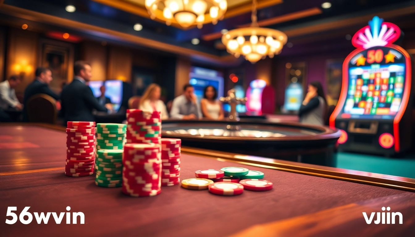 Players experiencing thrilling moments at 56win casino tables, showcasing poker chips and excitement.
