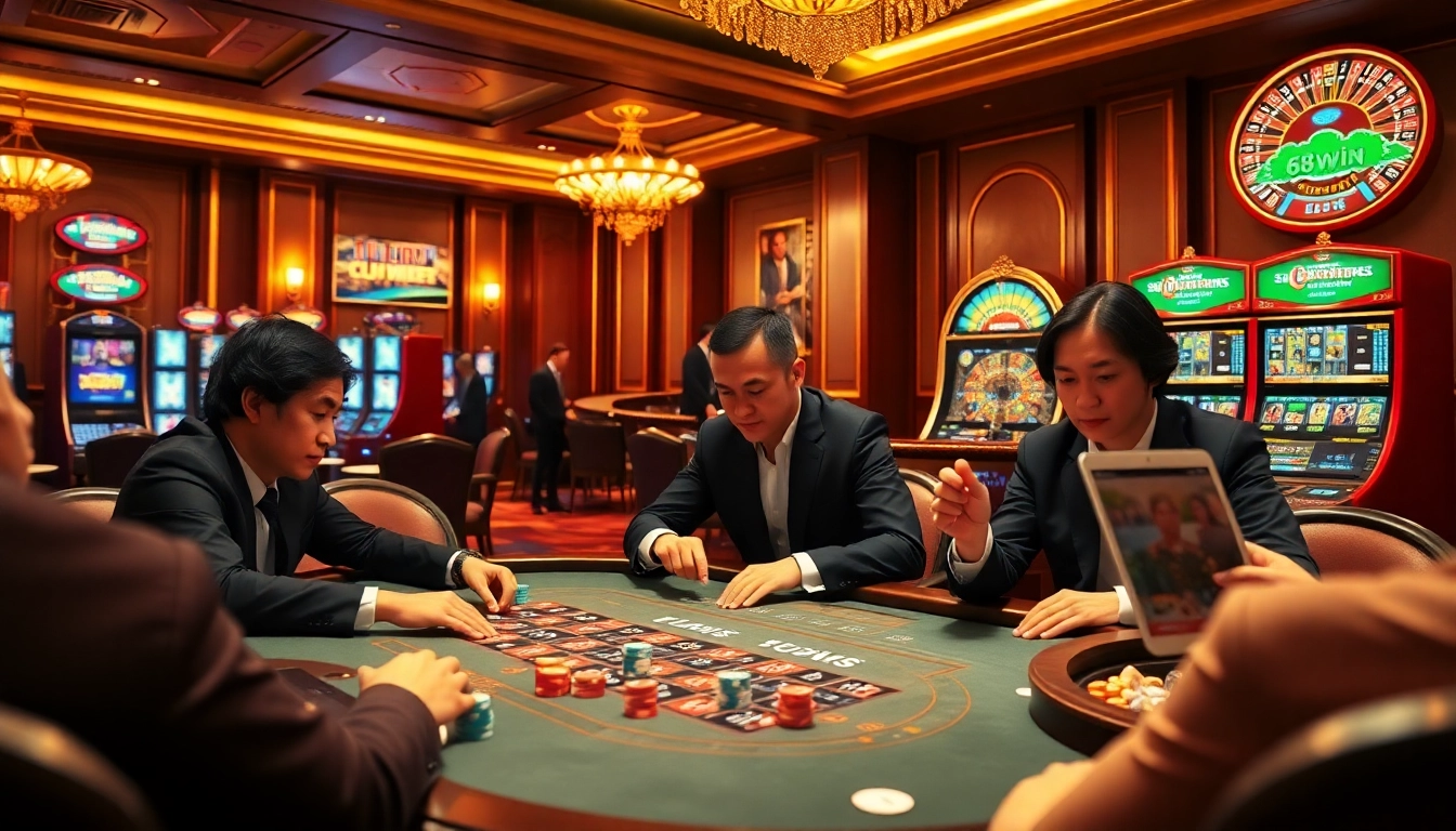 High-stakes poker game at 68win's luxurious casino, showcasing vibrant poker chips and cards.