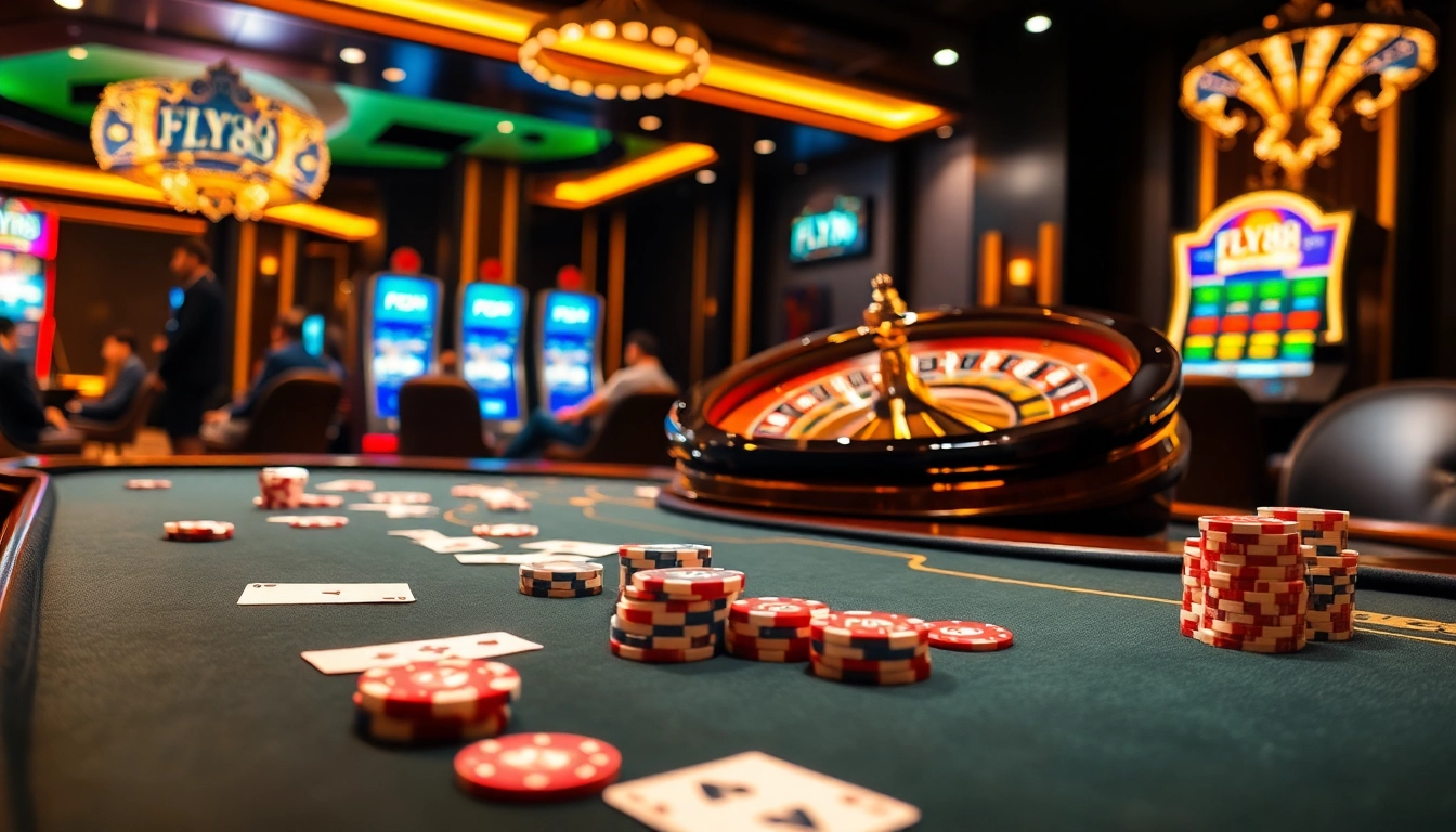 Players enjoying an exciting gaming experience at FLY88’s luxurious casino table with poker chips and cards.