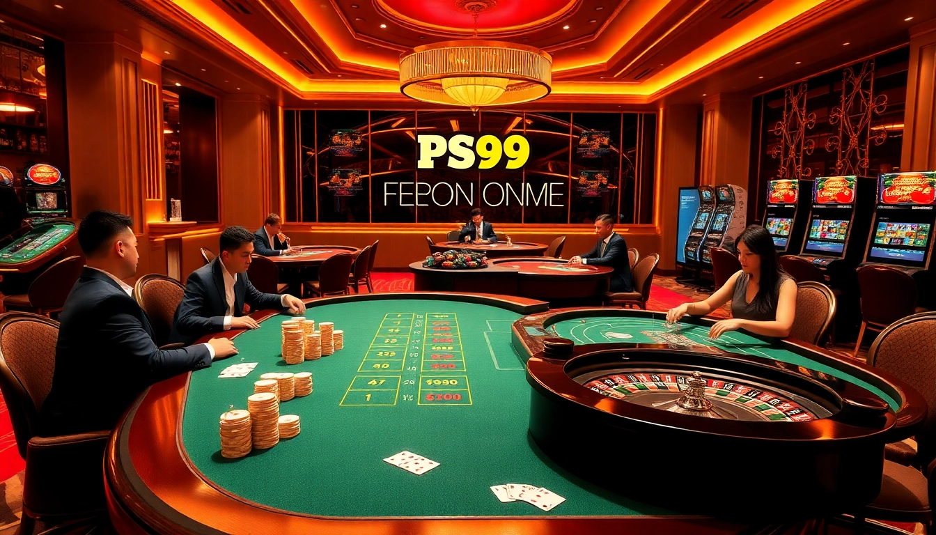 Players enjoying the excitement of PS99 casino games with vibrant poker chips and cards.