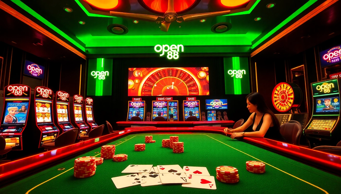 Players enjoy thrilling games at open 88 casino, highlighting poker chips and vibrant slot machines.