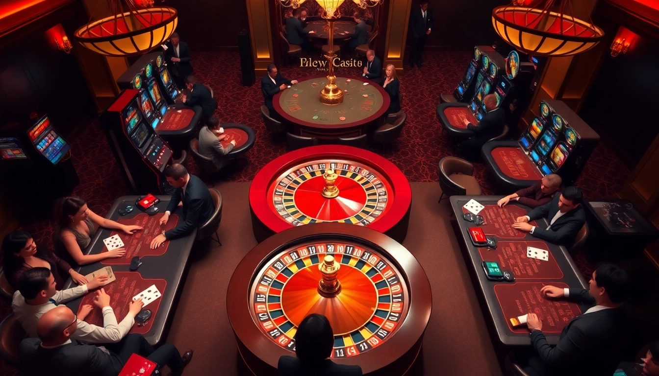 daga gaming scene with luxurious roulette wheel and poker tables in a vibrant casino ambiance