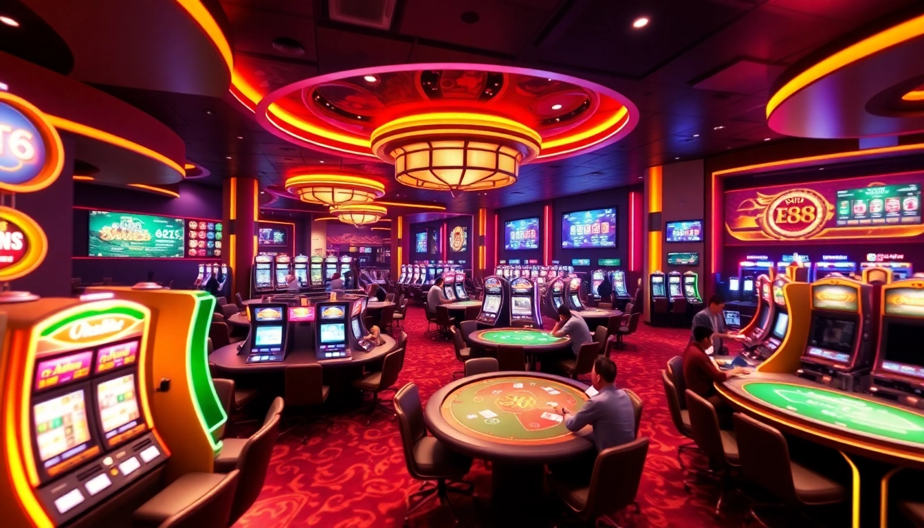 EE88 Casino: A lively 3D gaming environment with vibrant slot machines and engaged players.