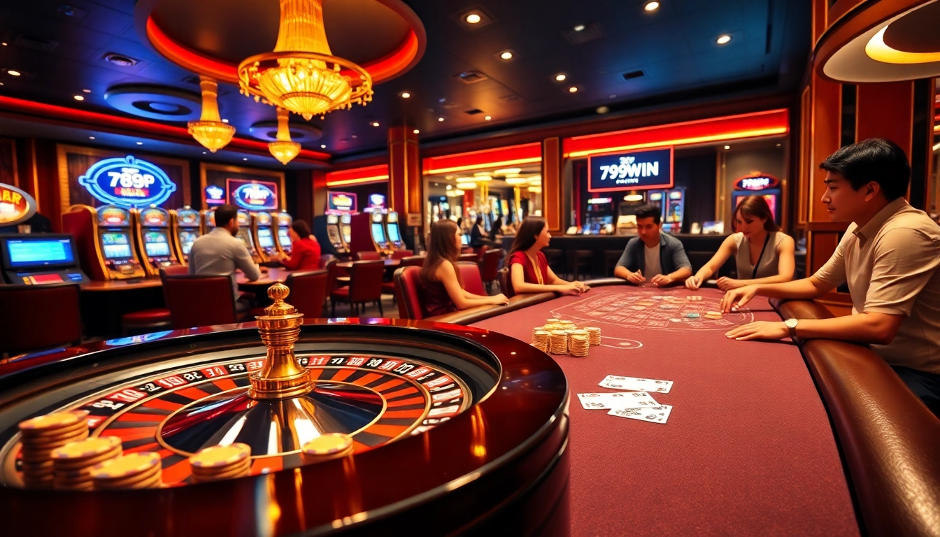 Players enjoying games at 789WIN's vibrant online casino environment with roulette and poker tables.