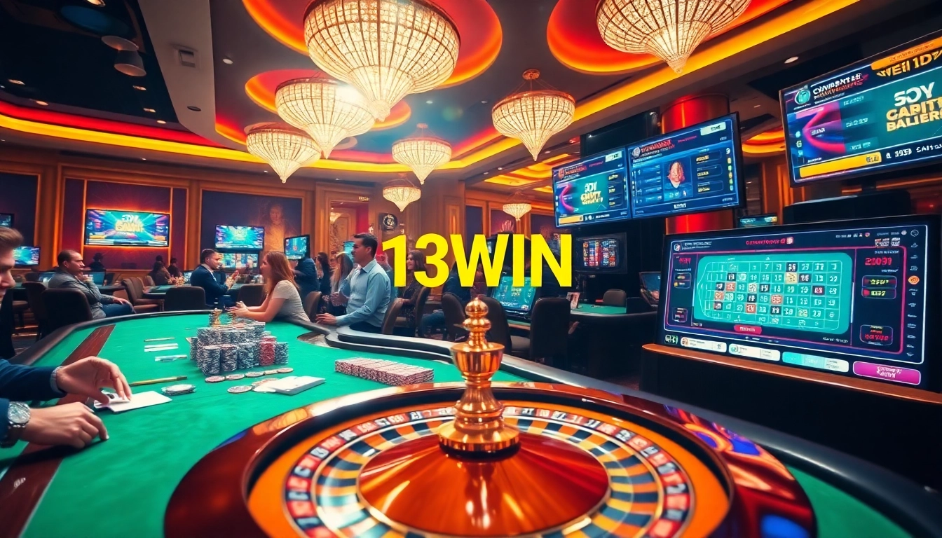 Players enjoying games at the casino 13WIN, featuring lively tables and colorful chips.