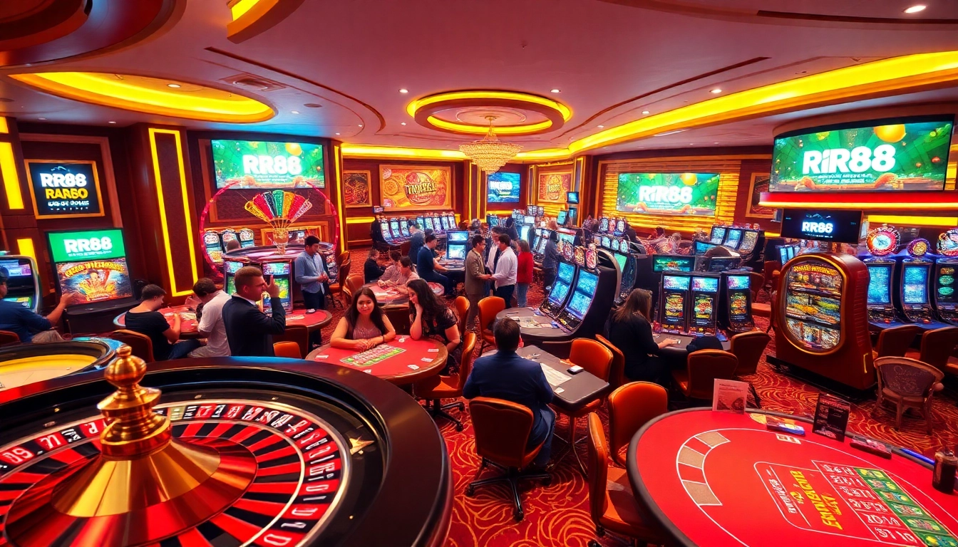 Experience the excitement of RR88 casino with vibrant tables and winning players in a luxury setting.