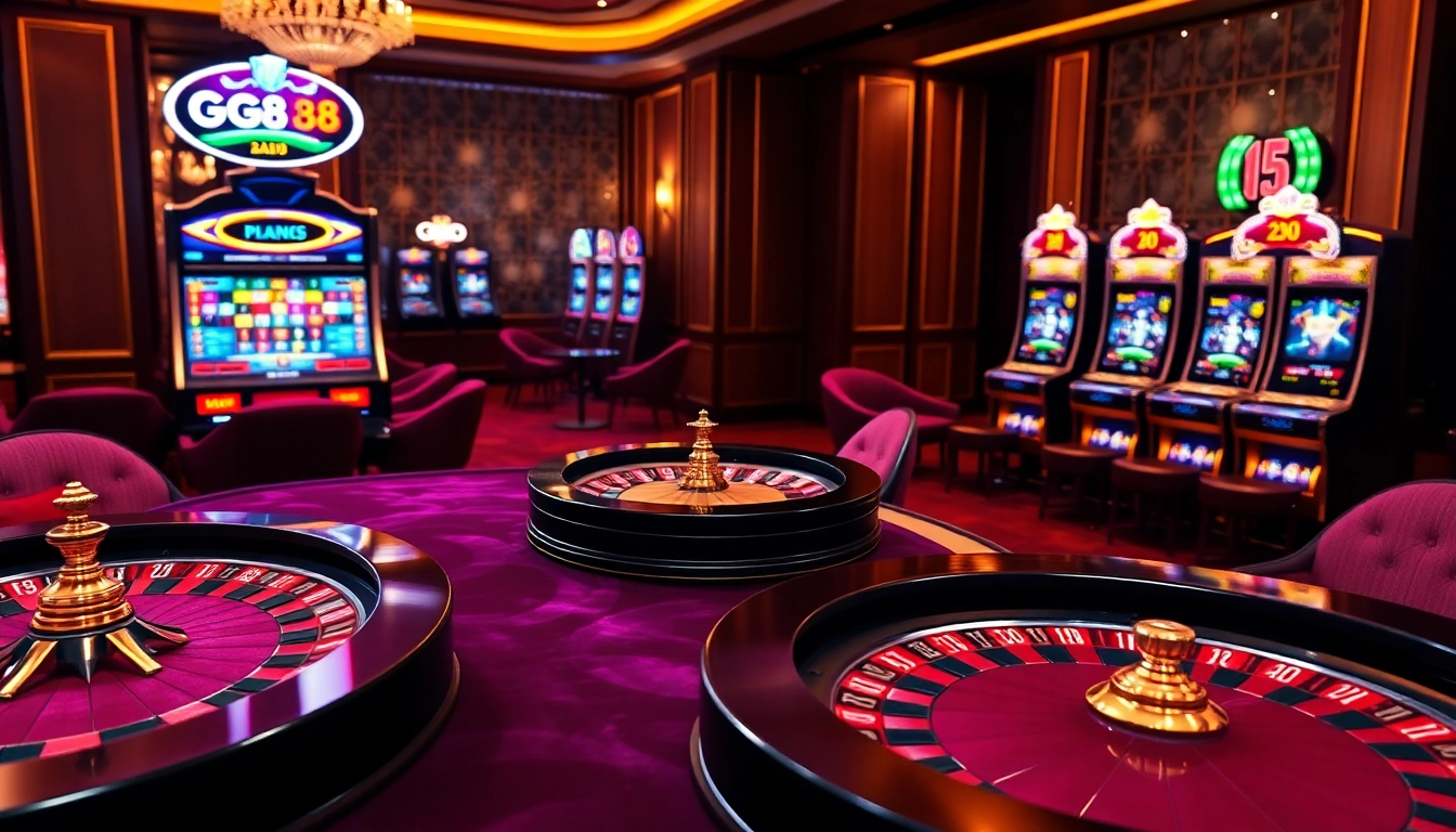 Experience the thrill of gambling at GG88 with a vibrant online casino scene featuring roulette wheels and poker chips.
