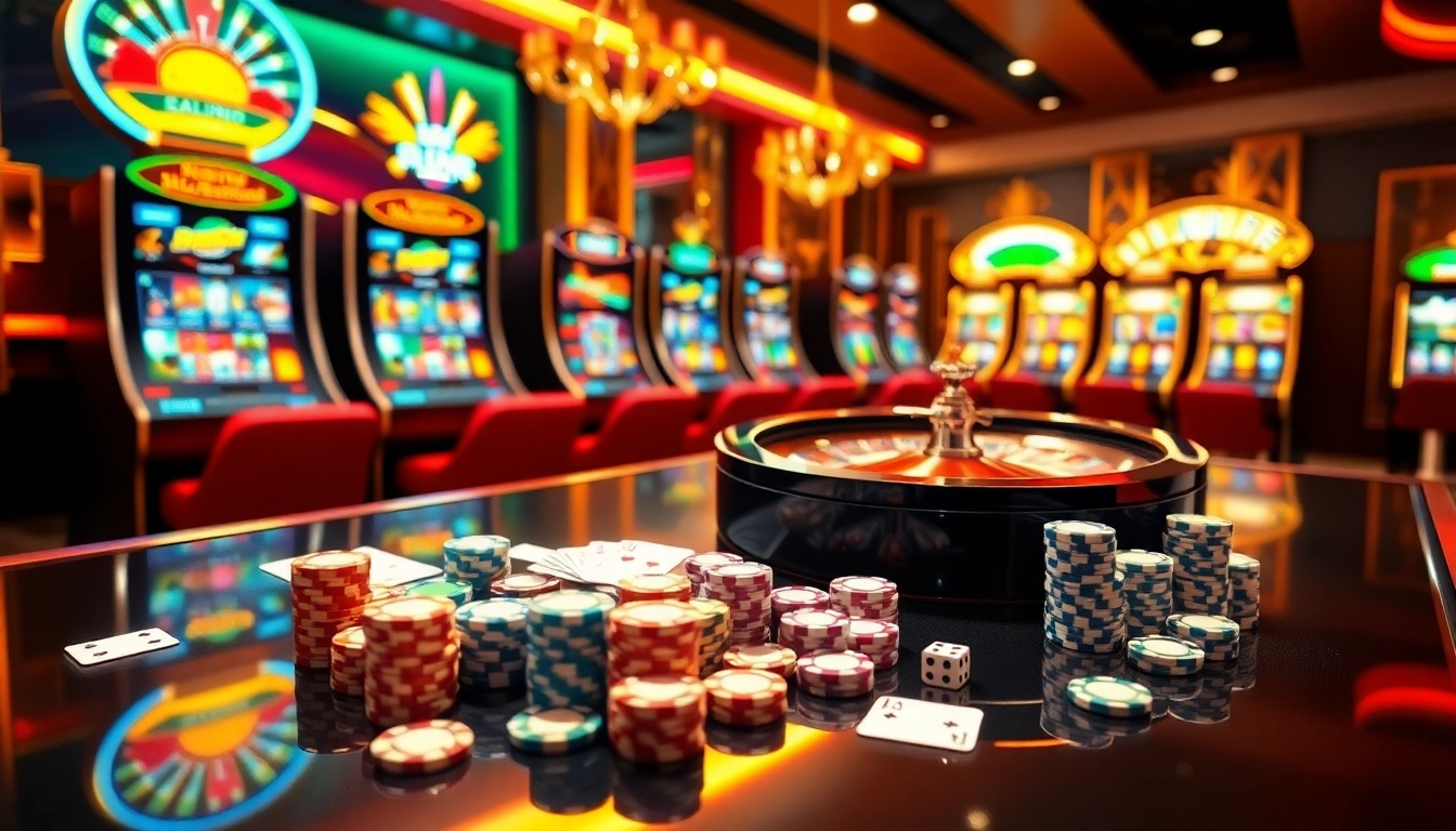 Experience thrilling gaming action at https://okfun.guru/ with vibrant casino visuals featuring roulette wheels and poker chips.