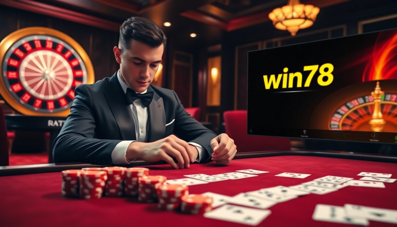 Players enjoying a thrilling poker game at win78, highlighted by vibrant chips and a roulette wheel.