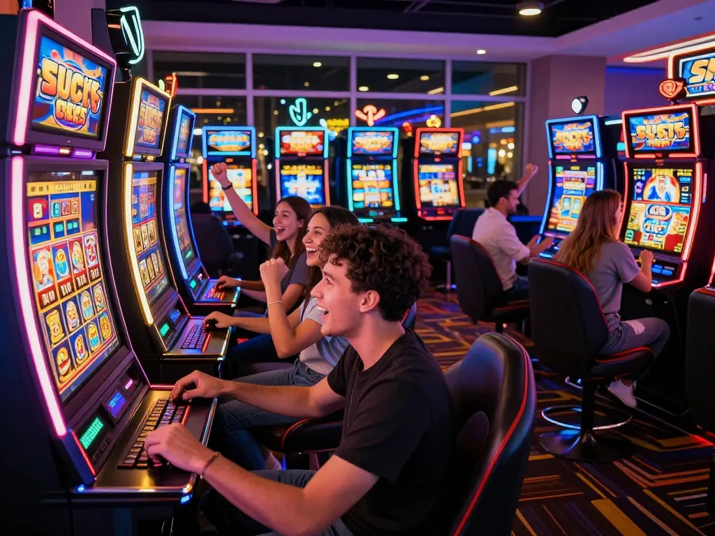 Players enjoying Lucky 88 slot machines in a vibrant casino atmosphere.