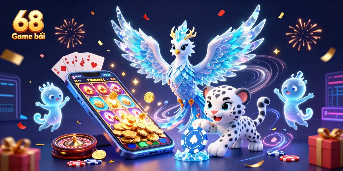 Experience thrilling action with 68 Game bài as a colorful ice phoenix, snow leopard, and sparkling sprites engage in vibrant gameplay.