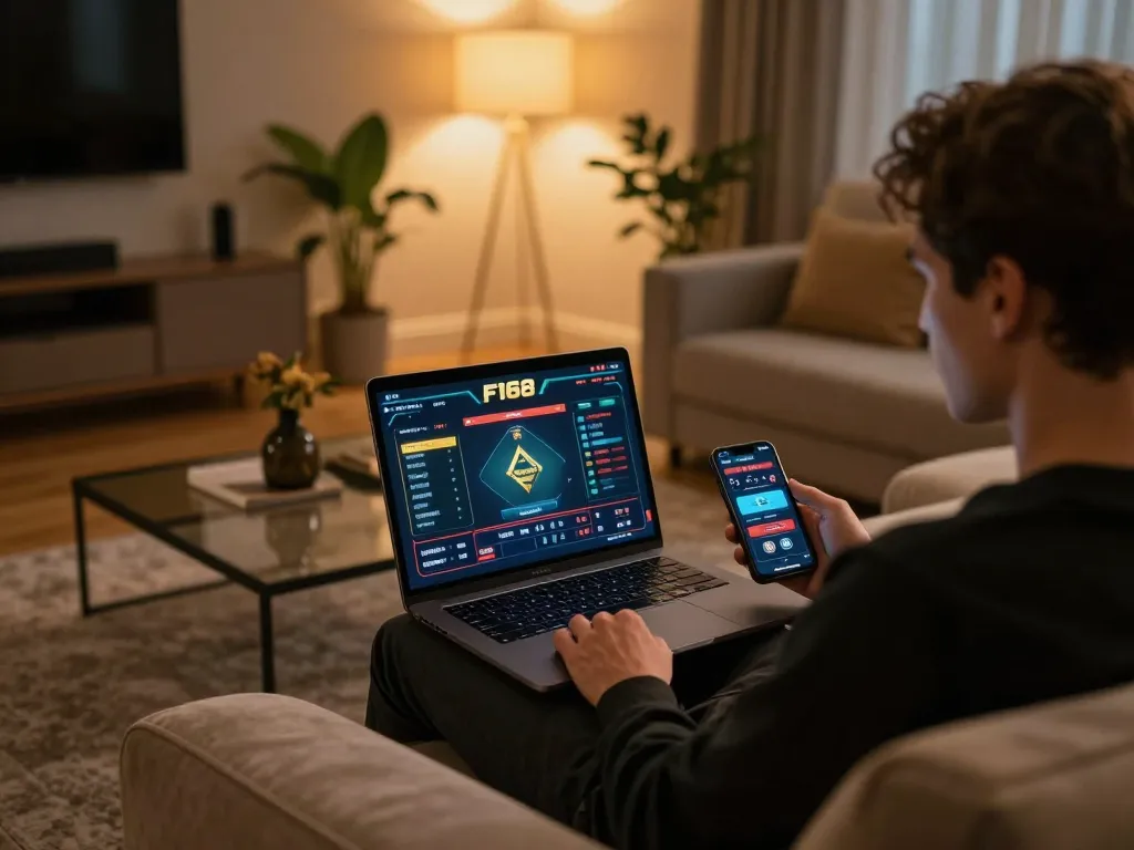 Engaged player using F168 platform for online gaming from their cozy living room