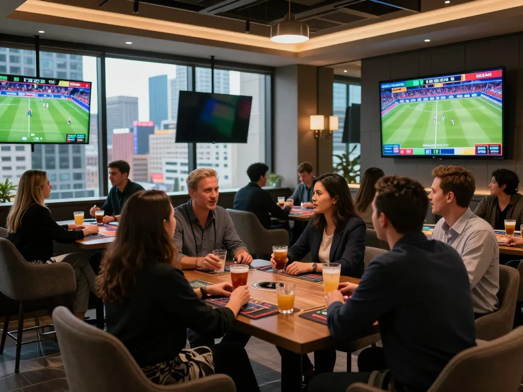 Engaged bettors enjoying sports betting at lc88 in a stylish lounge.