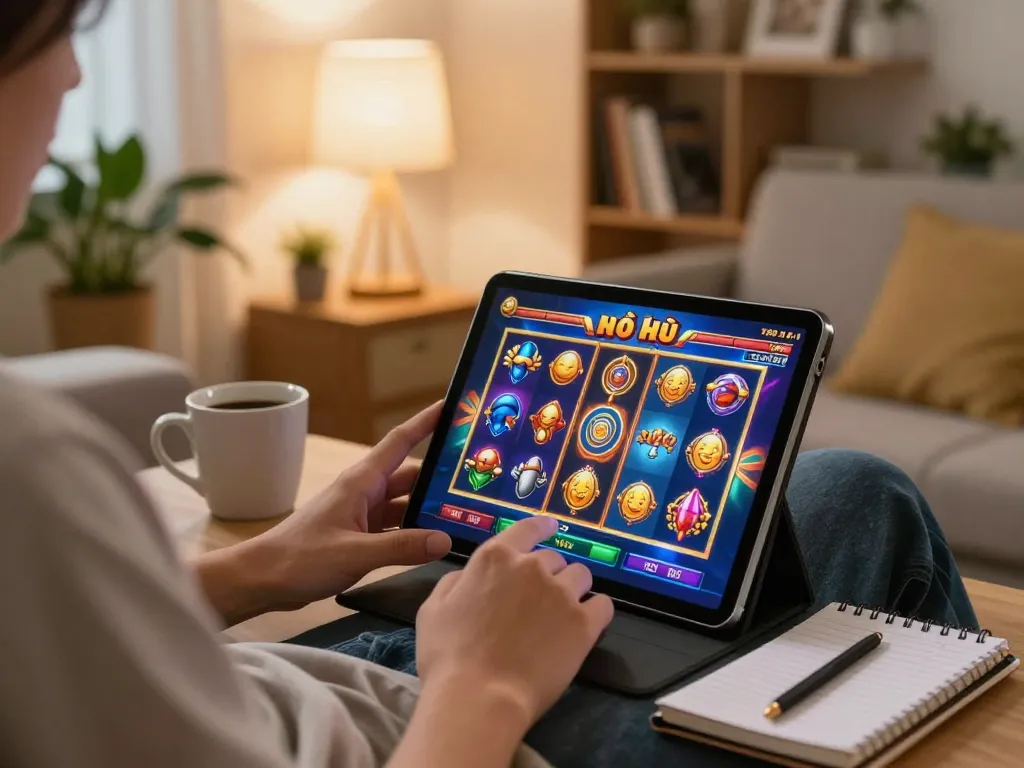 Engaging in nổ hũ gameplay on a tablet at home, creating a cozy gaming atmosphere