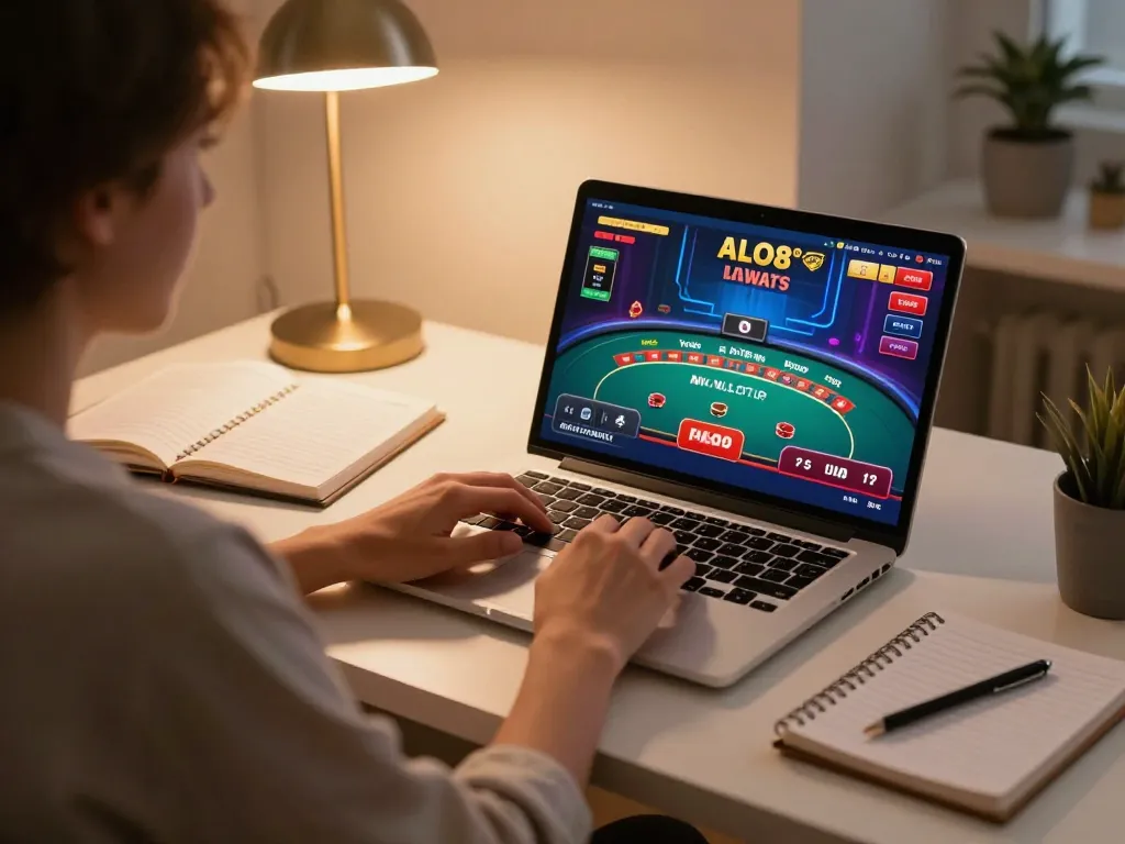 Player engaging with live dealer games at ALO8 on laptop with strategic notes nearby