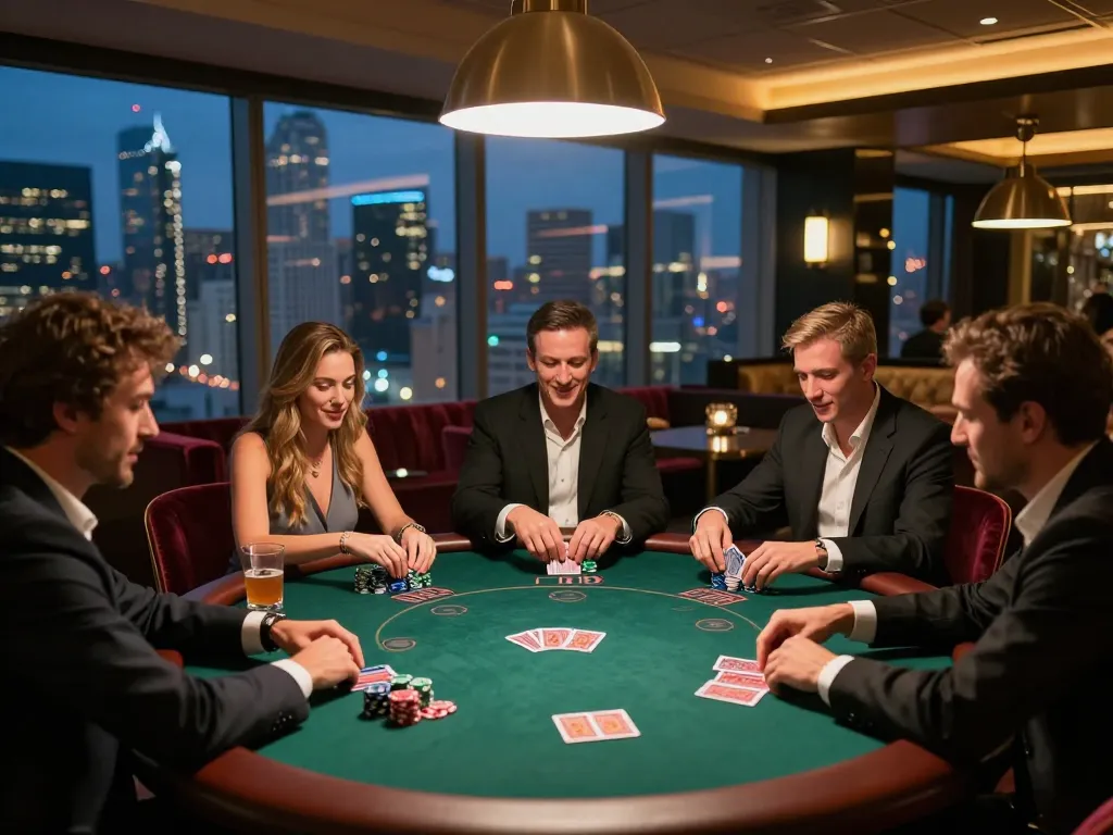 Players enjoying a thrilling poker game in a sophisticated setting, reflecting the excitement of soibet