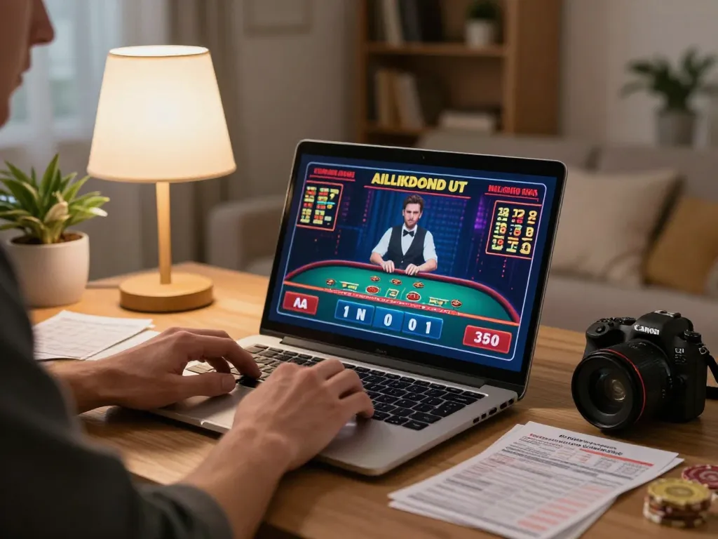 Player engaged in online casino gaming on laptop, showcasing strategic bankroll management notes while using hoiquantv247.