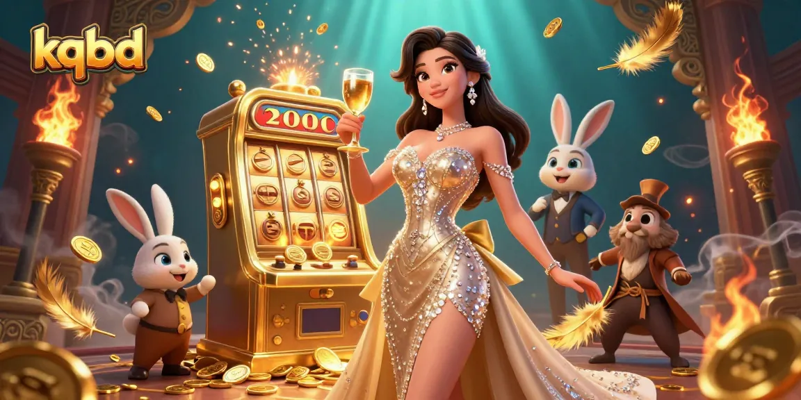 KQBD showcases a stunning woman toasting beside a golden jackpot machine in a vibrant casino scene