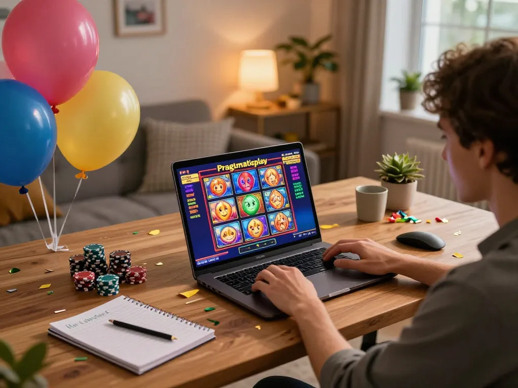 Engaged player enjoying Pragmaticplay slots on a laptop at a stylish home desk, showcasing an exciting gaming atmosphere.