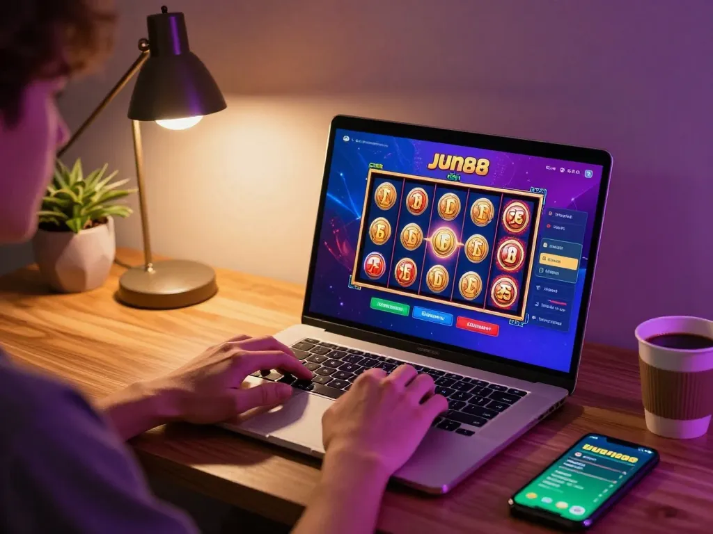 Player engaging in Jun88 online casino gaming on laptop with vibrant slot machine display