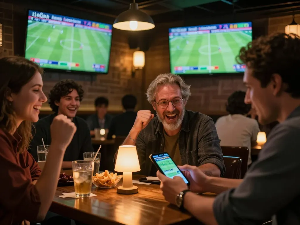 Engaging in sports betting (ฟุตบอล) at a lively bar while watching live games.