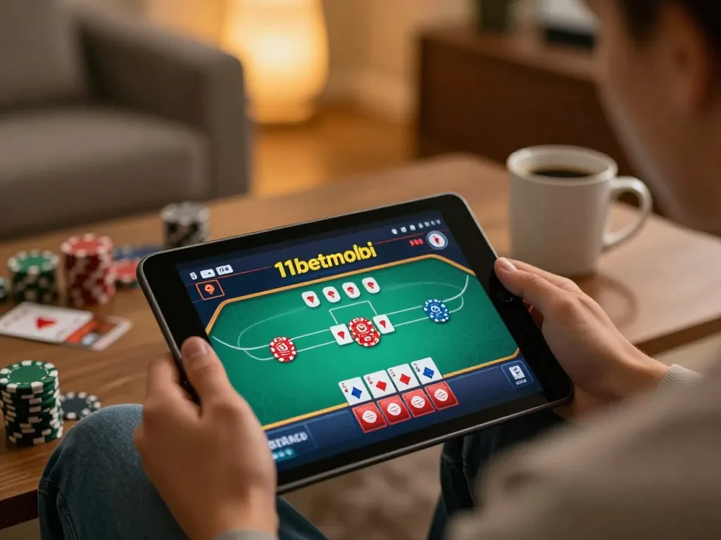 Engaging online poker gameplay on 11betmobi displayed on a tablet at home.