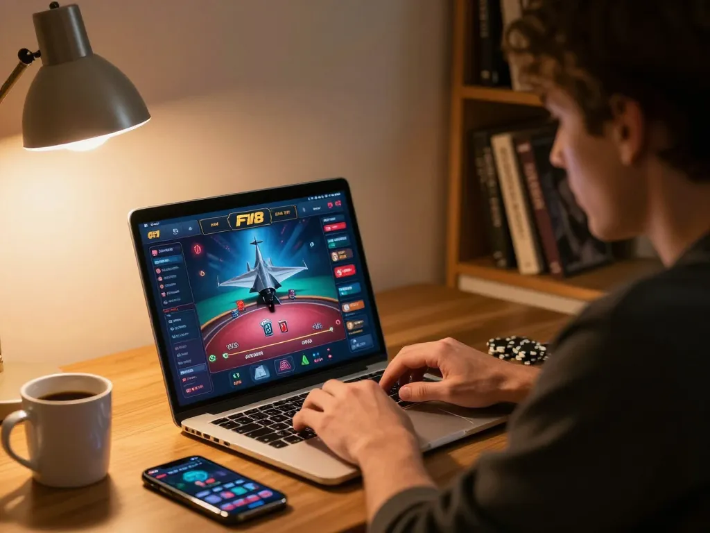 Engaging player using F168's online poker interface at home, showcasing a cozy gaming environment.