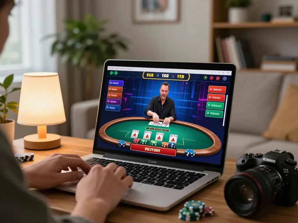 Experience the thrill of an Online Casino game with live dealer interaction and engaging home ambiance.