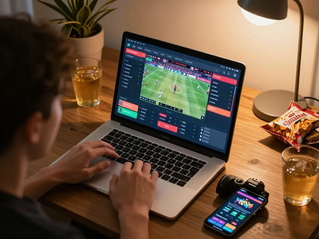 Person engaged in live sports betting on laptop at home, showcasing hit-club strategies for success.