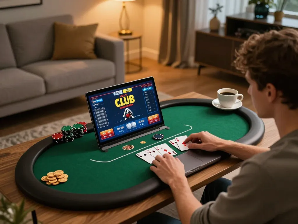 Engaging online gaming session on hit-club with user playing poker and vibrant interface.