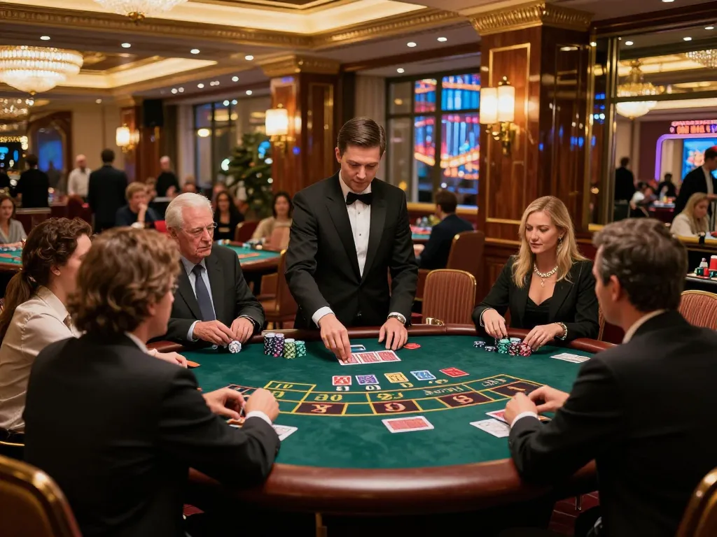 Players strategizing at a high-stakes blackjack table in sin88it casino, vibrant casino atmosphere.
