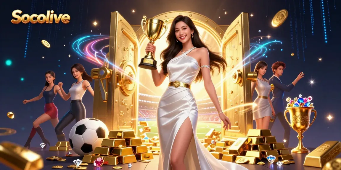 Socolive showcases live soccer action with vibrant imagery of a victorious Asian woman holding a trophy amidst dynamic betting elements.