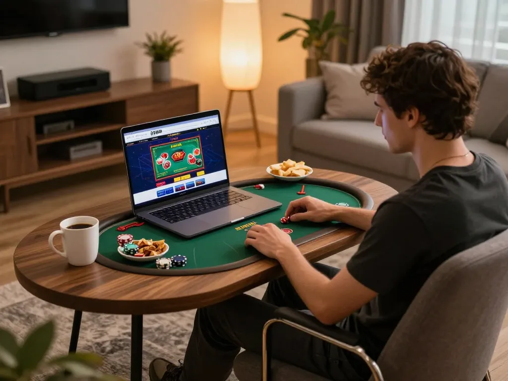 Online gambler enjoying poker on 33WIN platform from the comfort of home