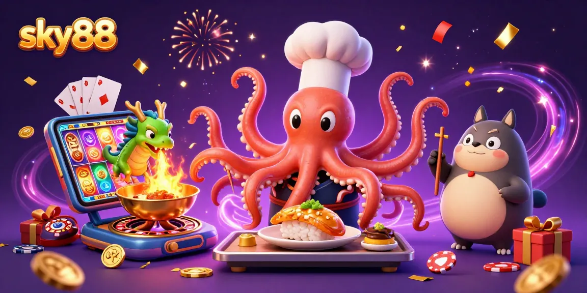Experience winning with sky88 through a dynamic scene of a sushi chef octopus cooking and gaming elements.