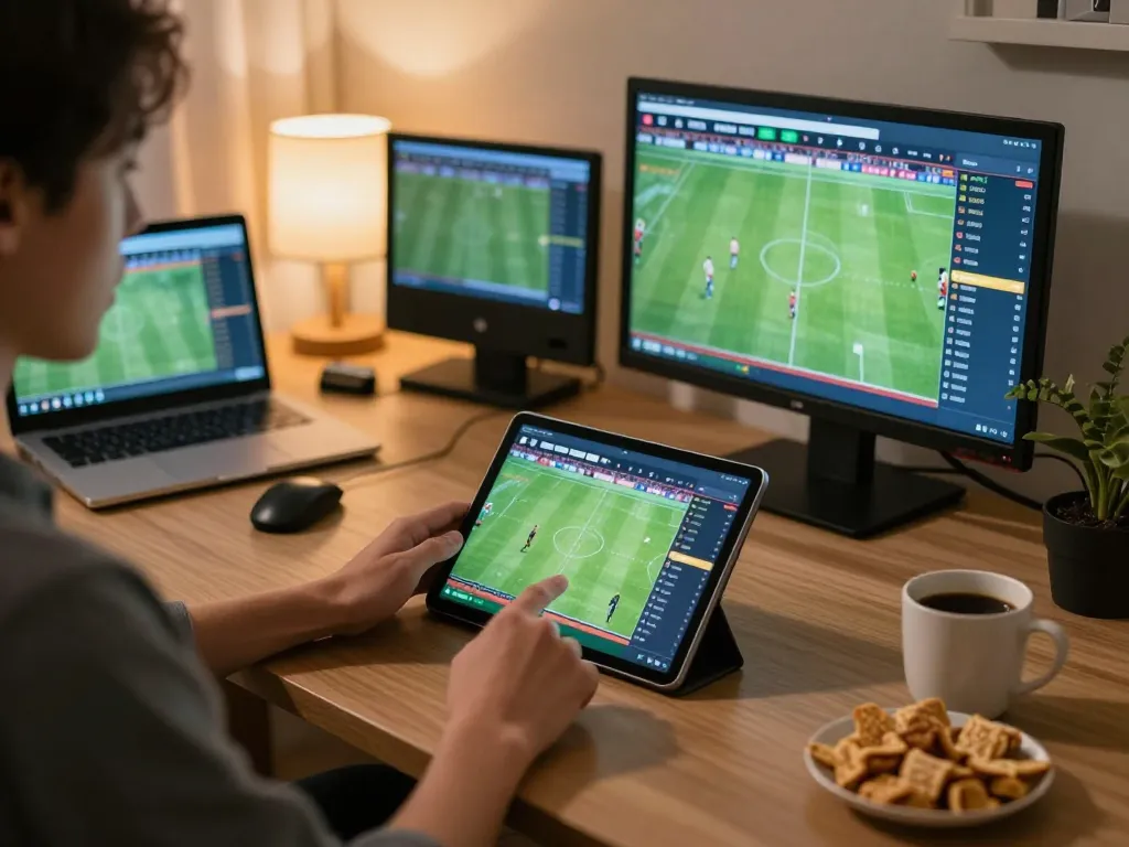 Engaging in บอล ออนไลน์ betting strategy with a tablet in a cozy home office setting.