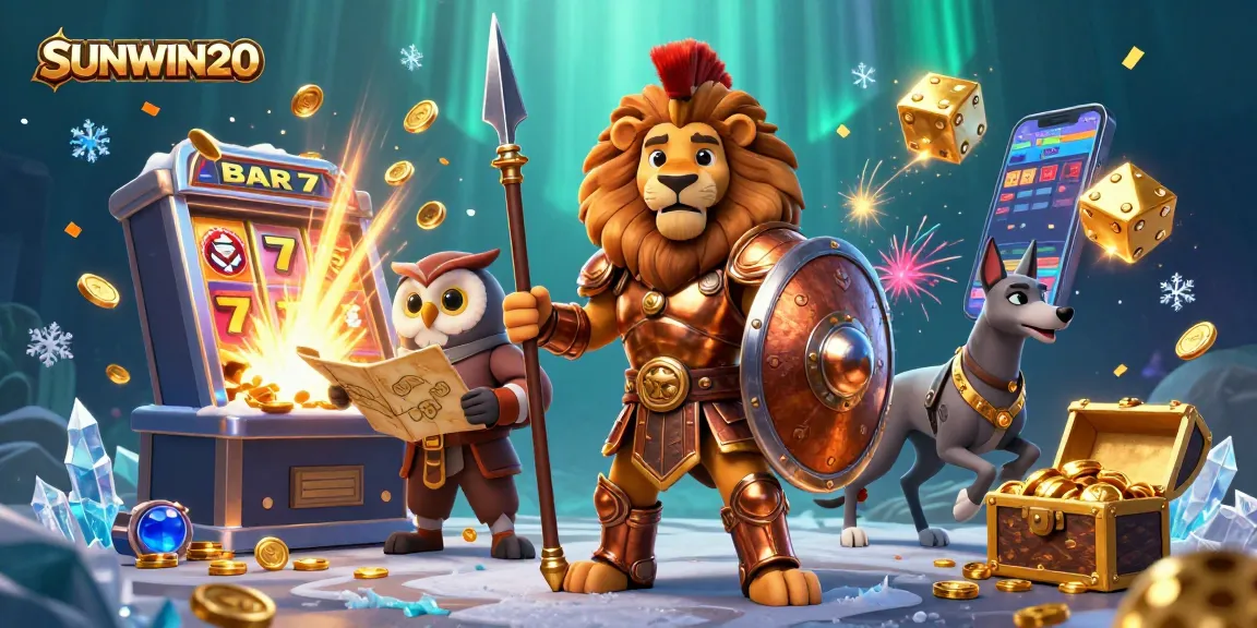 SUNWIN20 showcasing a heroic Spartan lion with strategic owl and swift greyhound amidst a vibrant casino scene.